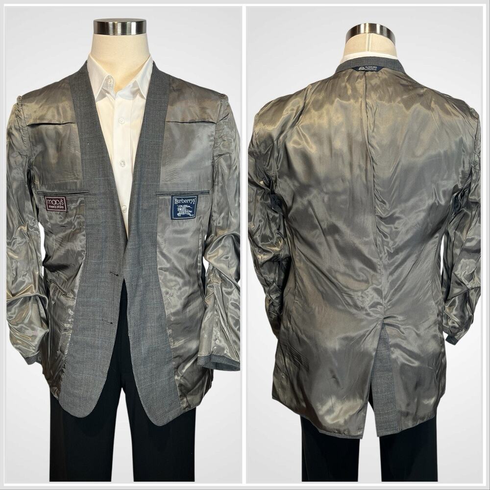 Flaws Vtg Burberry's 40L Gray Puppytooth Subtle Blue Plaid Blazer - Picture 7 of 16